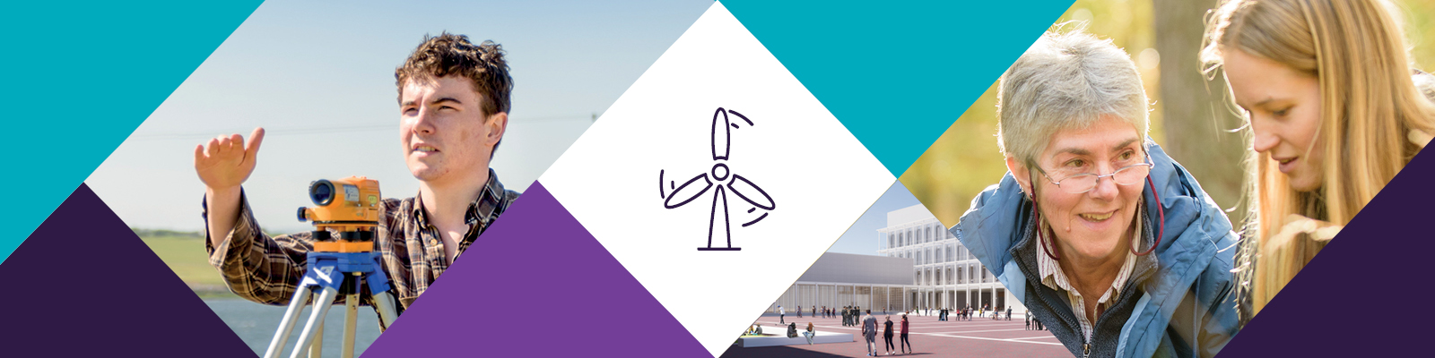 On the left is a student is using a distance measuring tool. On the bottom right a render of Fife's new campus and on the right a forestry student is chatting with her instructor. At the centre is an icon of a windmill spinning.